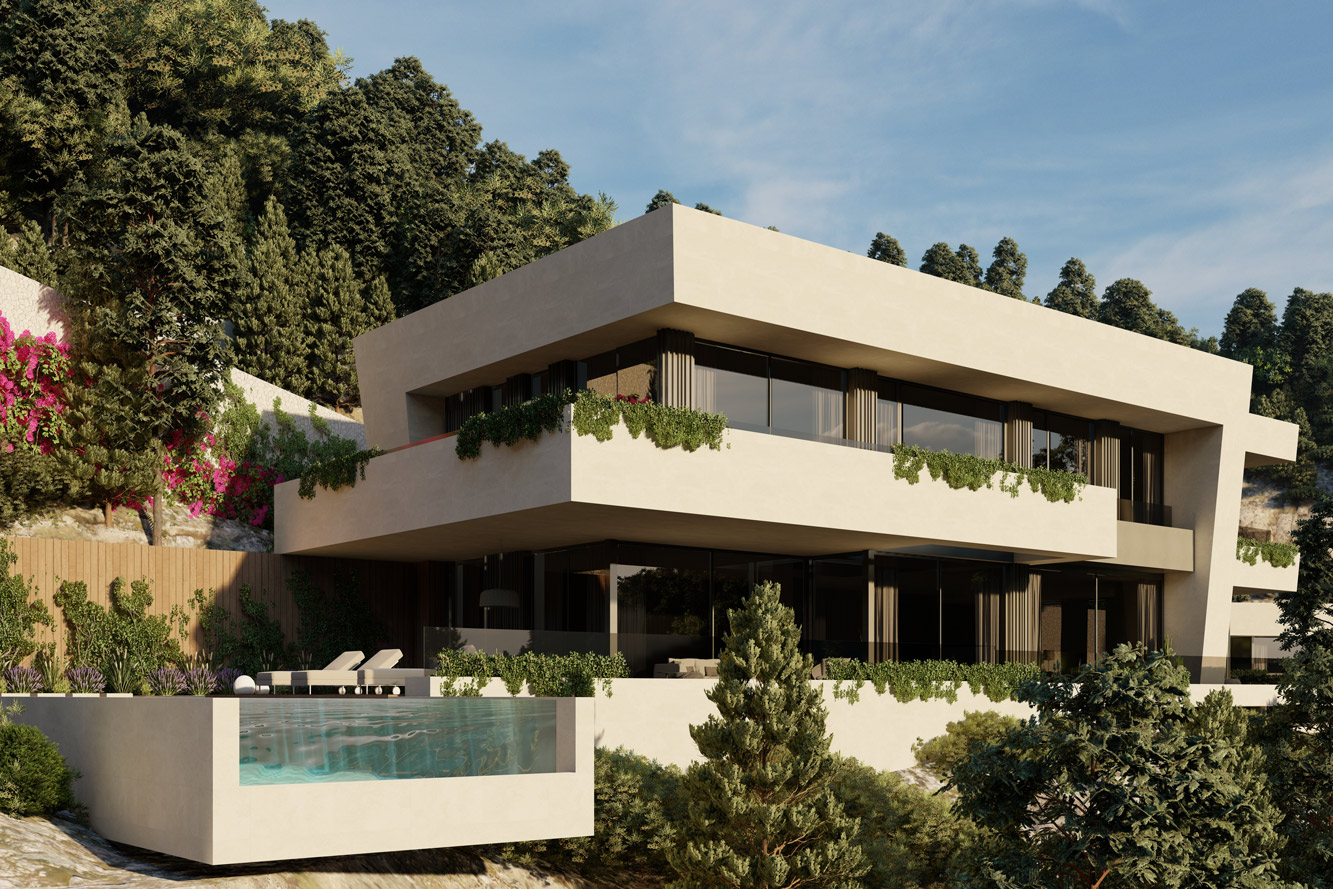 Grundstück in Son Vida - Illustration: Blick auf die moderne Villa mit Pool