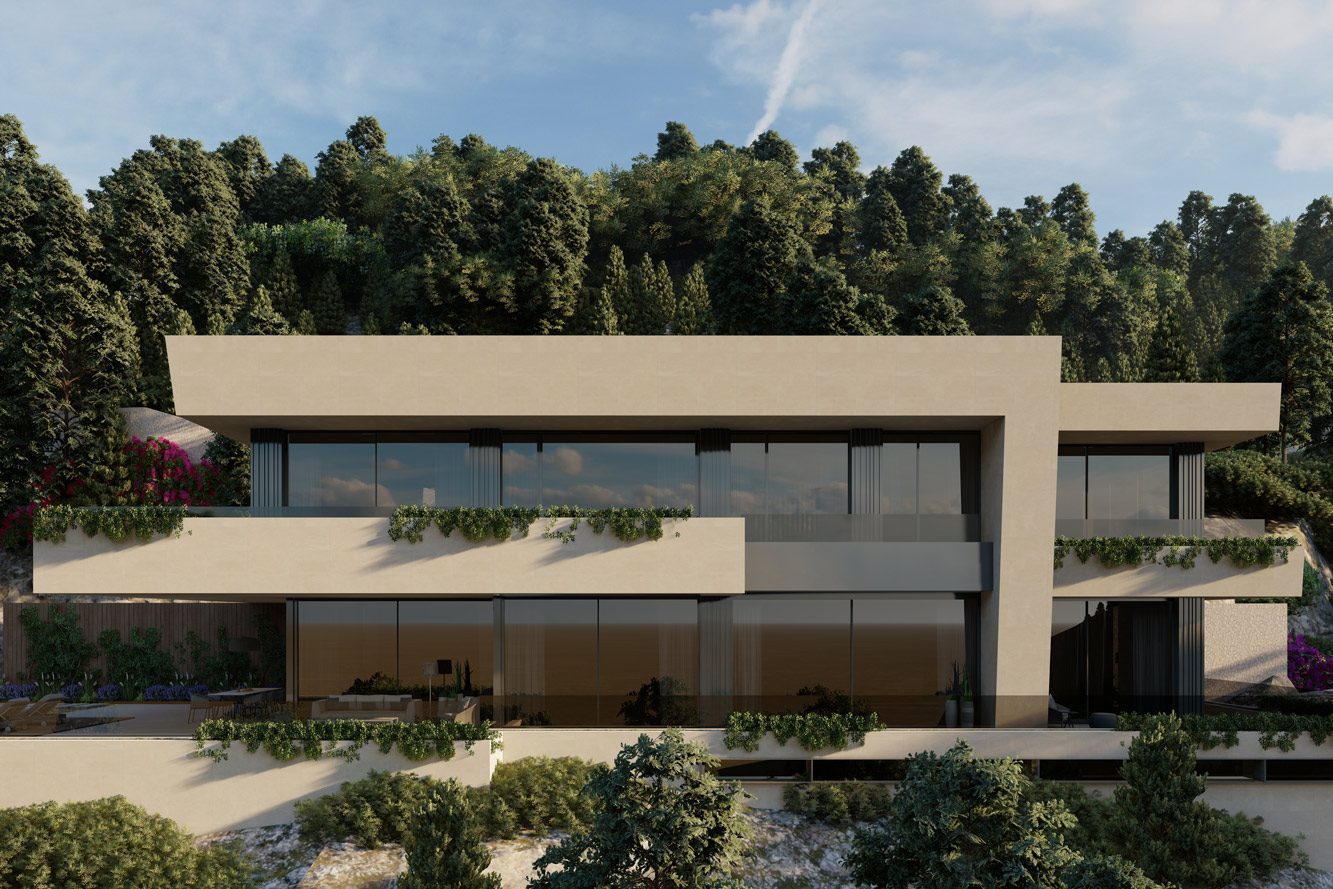 Grundstück in Son Vida - Illustration: Moderne Villa mit viel Glas und zeitloser Architektur