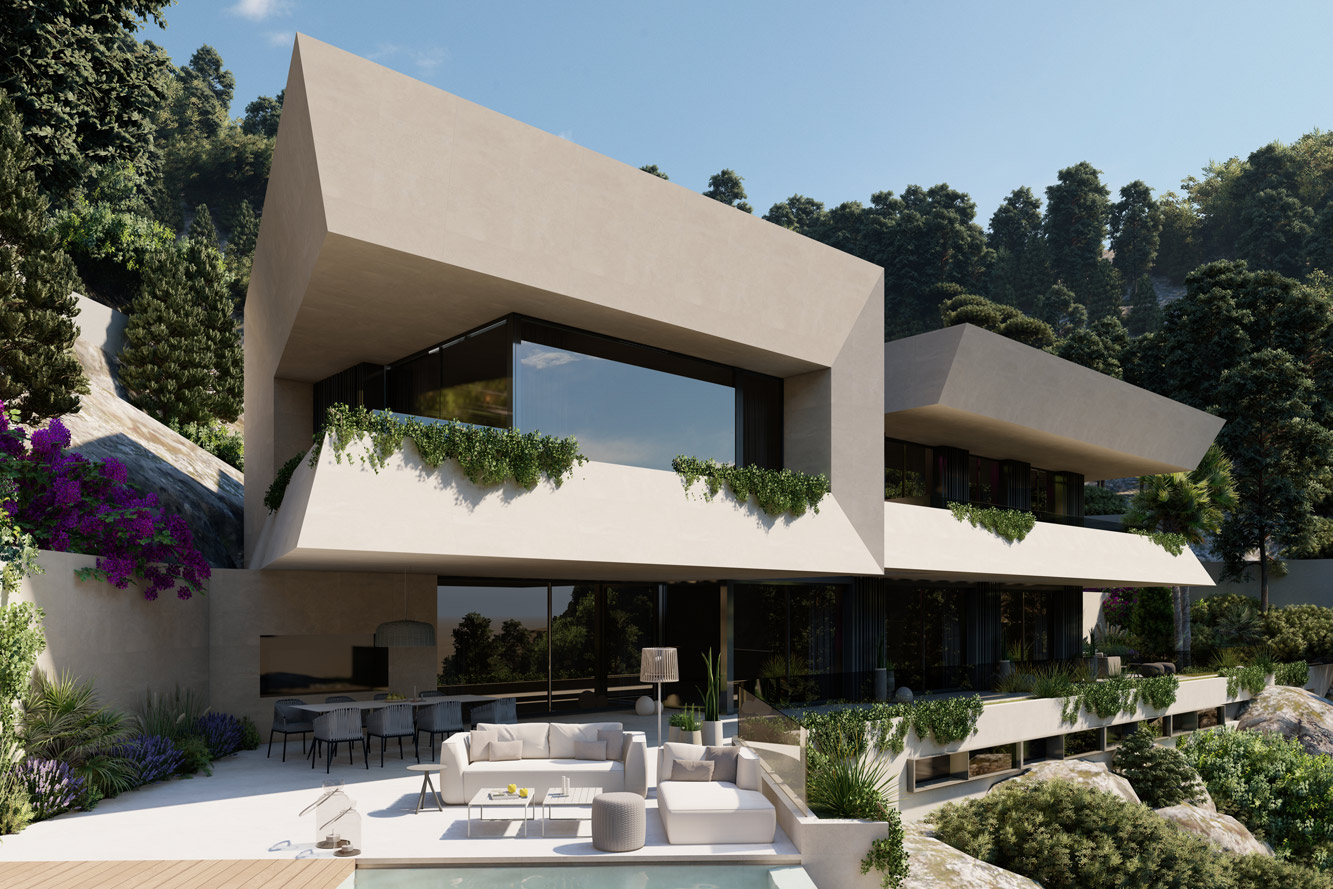 Grundstück in Son Vida - Illustration der Neubau-Villa mit großen Terrassenflächen