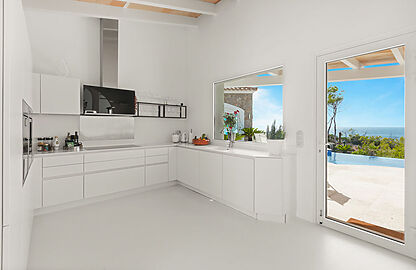 Villa in Port Andratx - Moderne, in weiß gehaltene Küche mit Zugang zur Terrasse