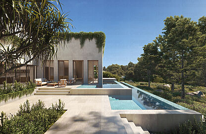Villa in Cala Vinyas - Illustration Poolbereich mit einladender Terrasse