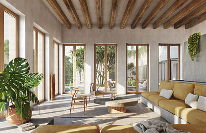 Villa in Cala Vinyas - Illustration Wohnbereich mit bodentiefen Fenstern und angenehmer Raumhöhe