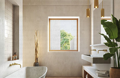 Villa in Cala Vinyas - Illustration Stylisches Tageslichtbad mit Doppelwaschtisch und Badewanne