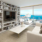 Apartment in Palma - Wohnbereich mit bodentiefen Fenstern und beeindruckendem Blick aufs Meer und den Hafen