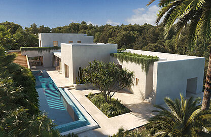 Villa in Cala Vinyas - Illustration: der Traumvilla mit Pool und angelegtem Garten