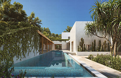 Villa in Cala Vinyas - Illustration: Stilvoll angelegter Außenbereich mit Pool