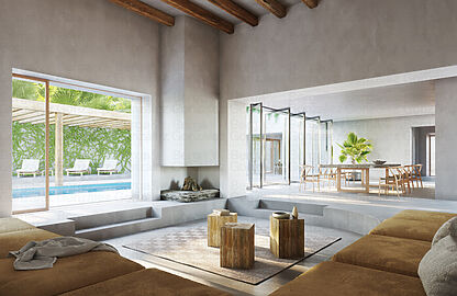 Villa in Cala Vinyas - Illustration: Offen gestalteter Wohn-/Essbereich mit Kamin und Blick auf den Pool
